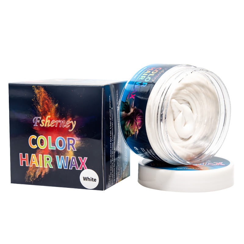 Fsherney Haarfarb-Wachs-Styling-Knete 120 g in weißer Farbe mit starkem Halt-Schlamm in einem klaren Glas und farbenfroher Verpackung.