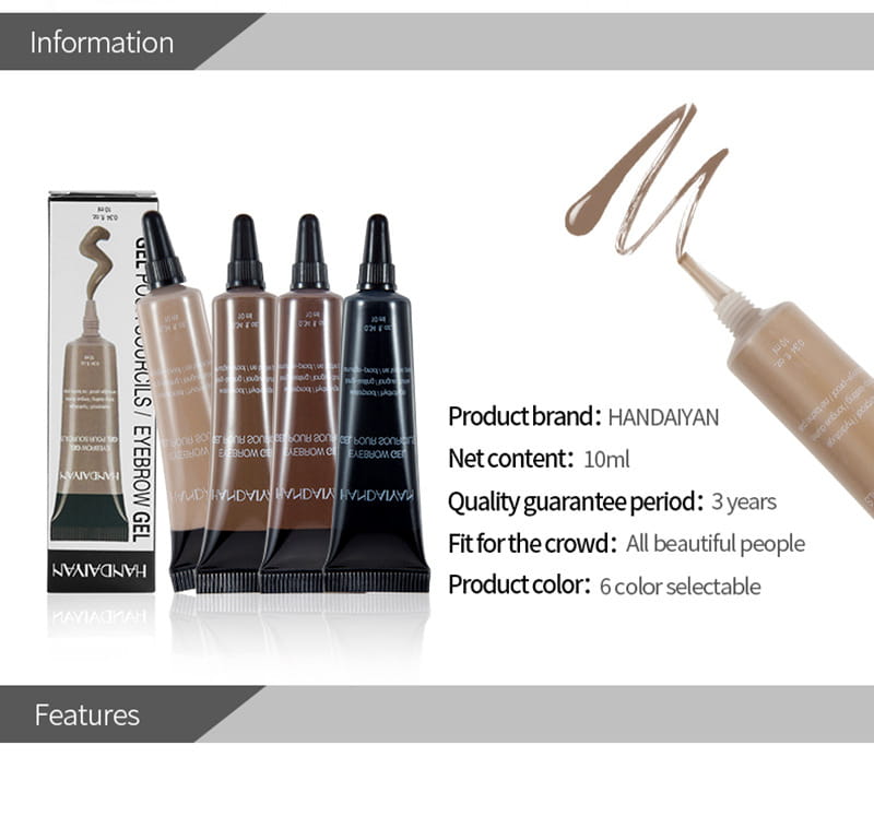 Handdian eyebrow henna gel waterproof liquid tint tattoo kit in sleek black 10ml tubes available in six selectable shades.