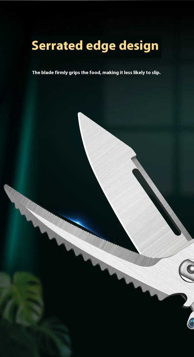Silver chicken bone scissors stainless steel kitchen shears featuring a serrated edge design and a smooth polished stainless steel finish.
