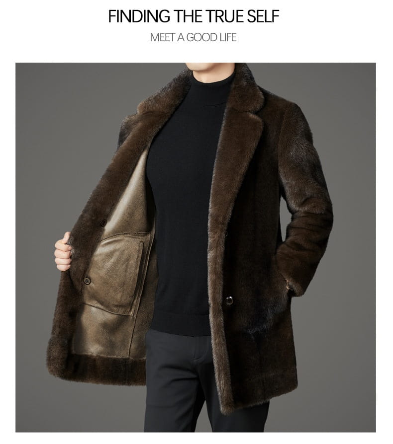 men’s furs shearling double breasted winter coat in brown with a fur-lined plush texture and tailored fit.