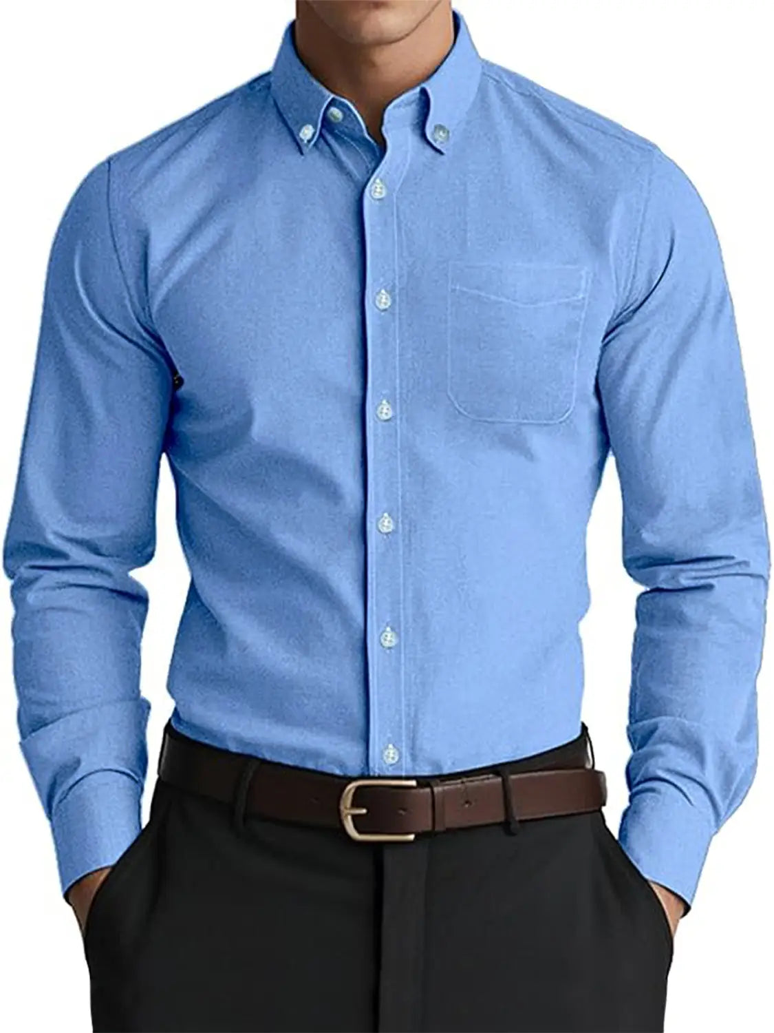 Hellblaues Herren-Oxford-Freizeithemd aus reinem Baumwoll-Mischgewebe mit dezentem gewebtem Muster und passender hellblauer Knopfleiste.