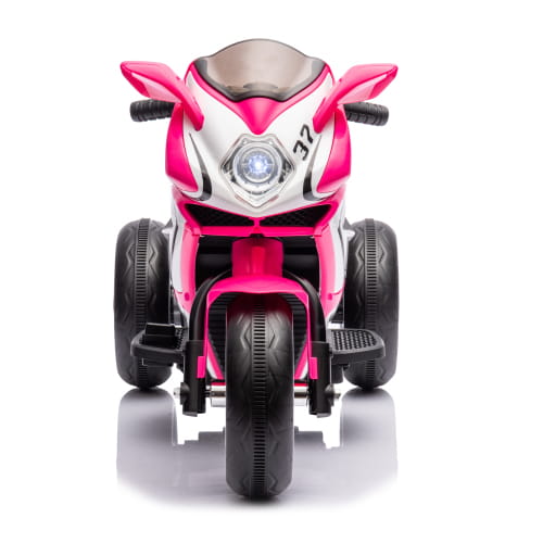 Pink and white 6v kids electric ride on motorcycle with black tires designed for children