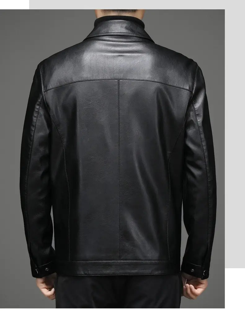 Men’s black sheepskin leather jacket with a classic collar and clean stitching featuring thin fleece lining for lightweight warmth.