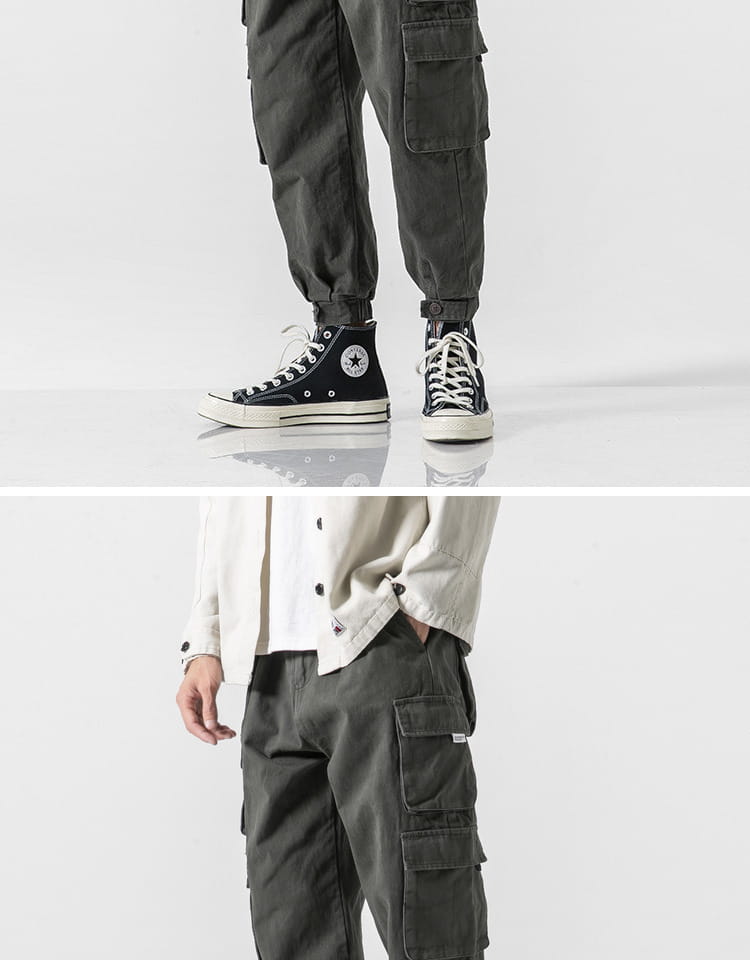 pantalones cargo militares japoneses casuales de tiro cónico color verde oliva oscuro, con múltiples bolsillos y un ajuste relajado, diseñados para el uso cotidiano práctico