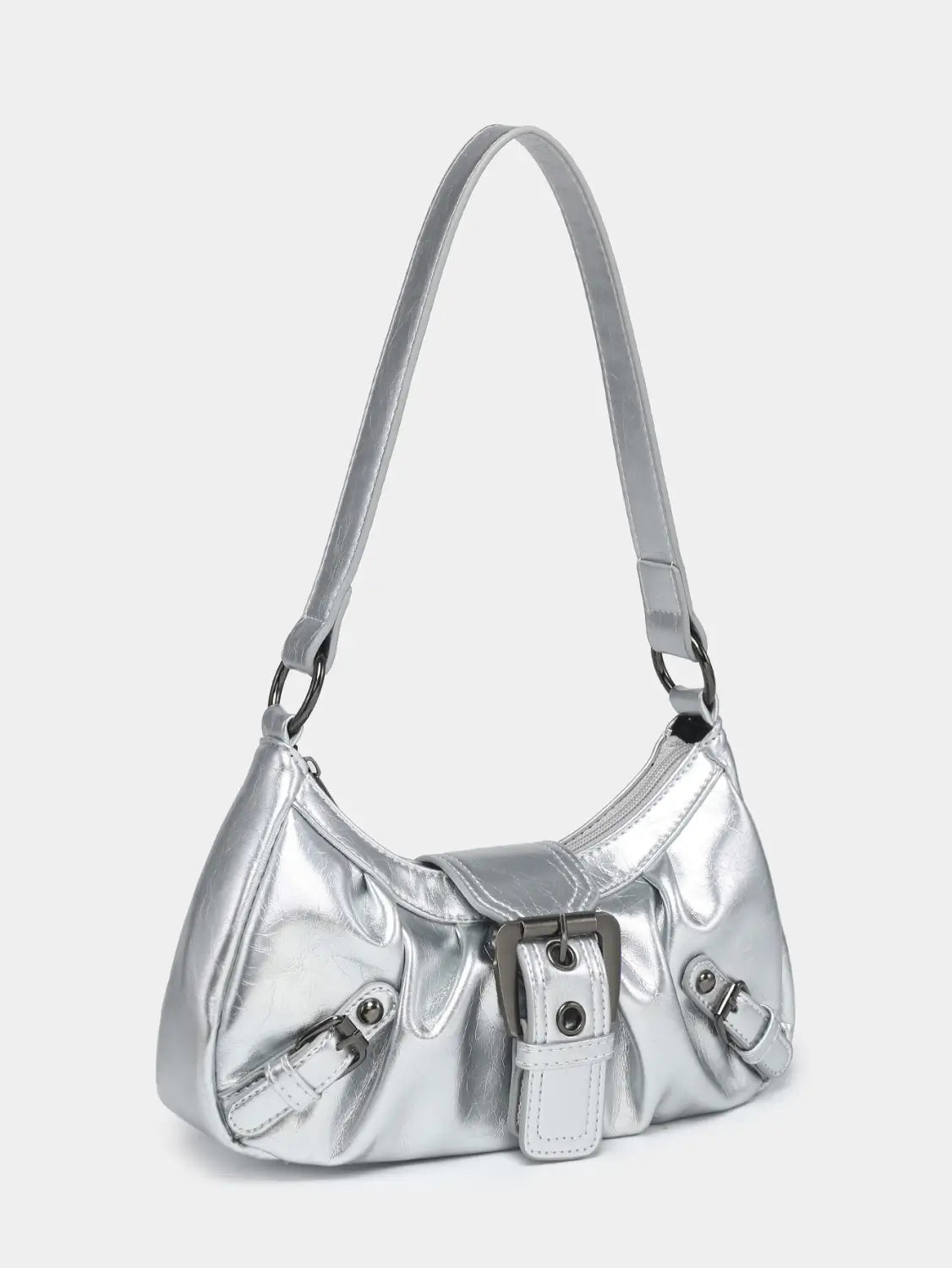 Silver metallic vintage leather shoulder bag with a sleek glossy finish and structured design featuring prominent buckle closures