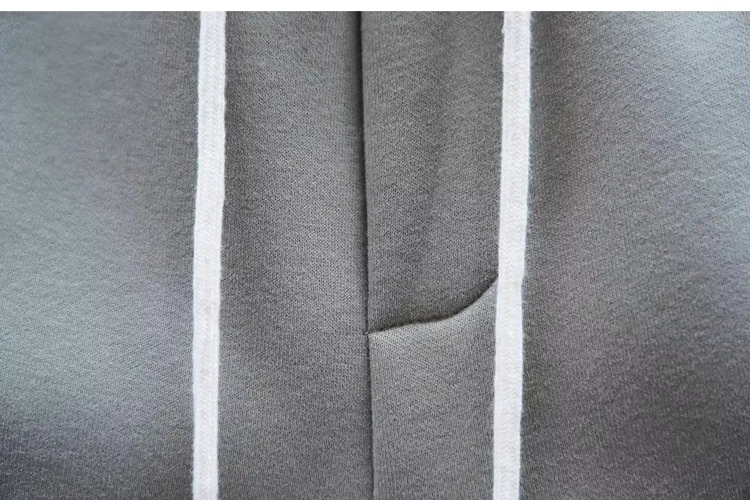 mens casual solid color sweatpants in gray fabric with white vertical stripes and subtle texture