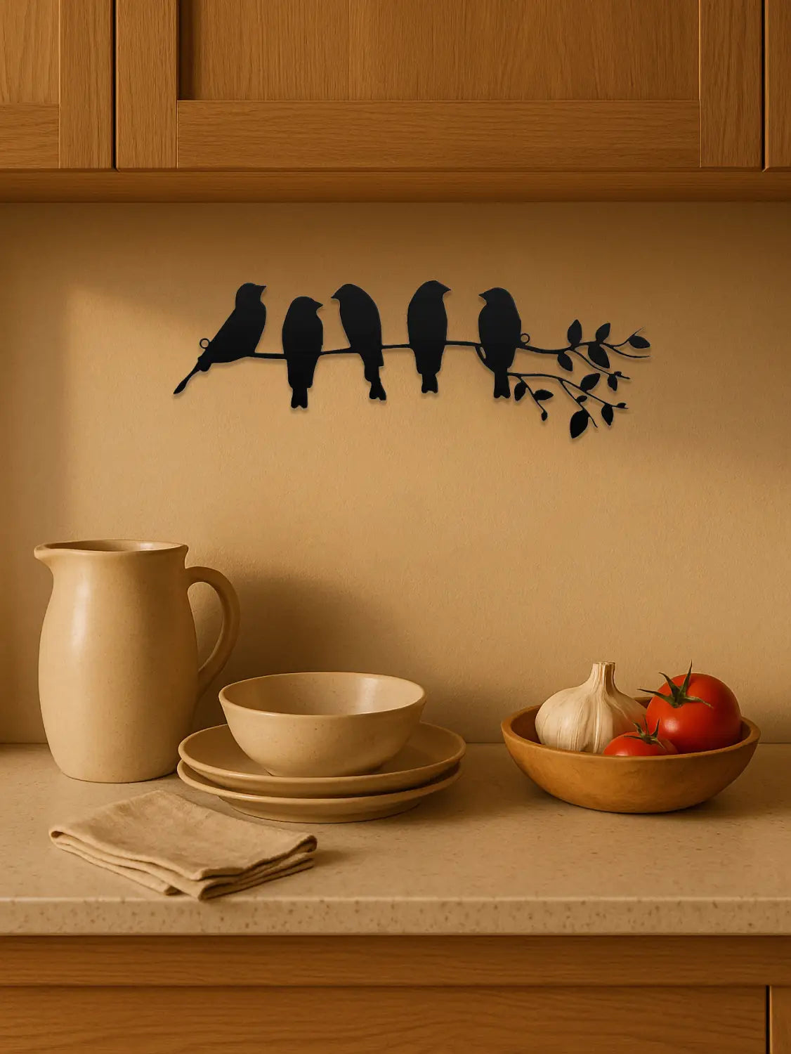 Décoration murale en métal noir représentant un oiseau, avec une silhouette de cinq oiseaux noirs perchés sur une branche avec sculpture de feuillage.