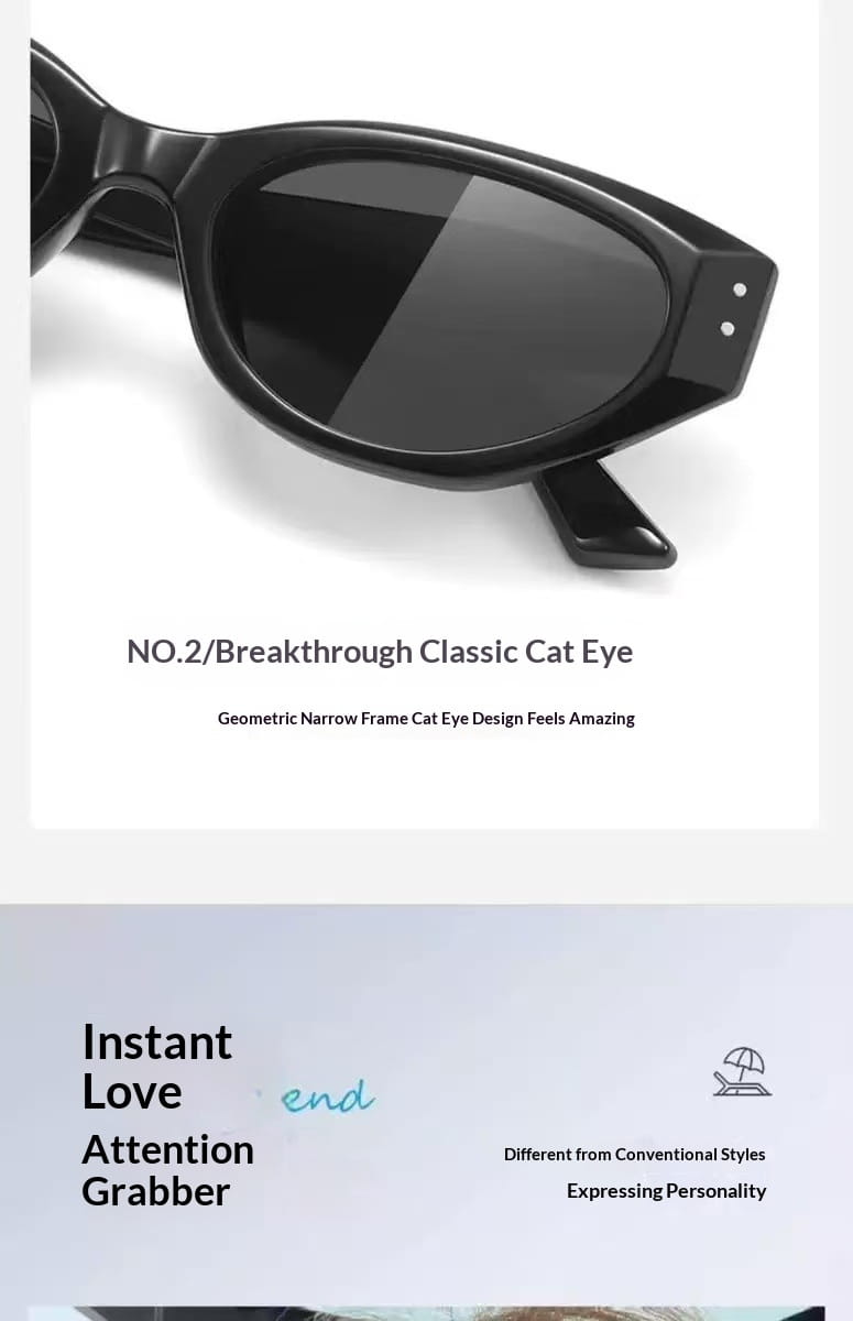 Black cat eye UV400 sunglasses with sleek geometric narrow glossy modern frames and dark lenses.