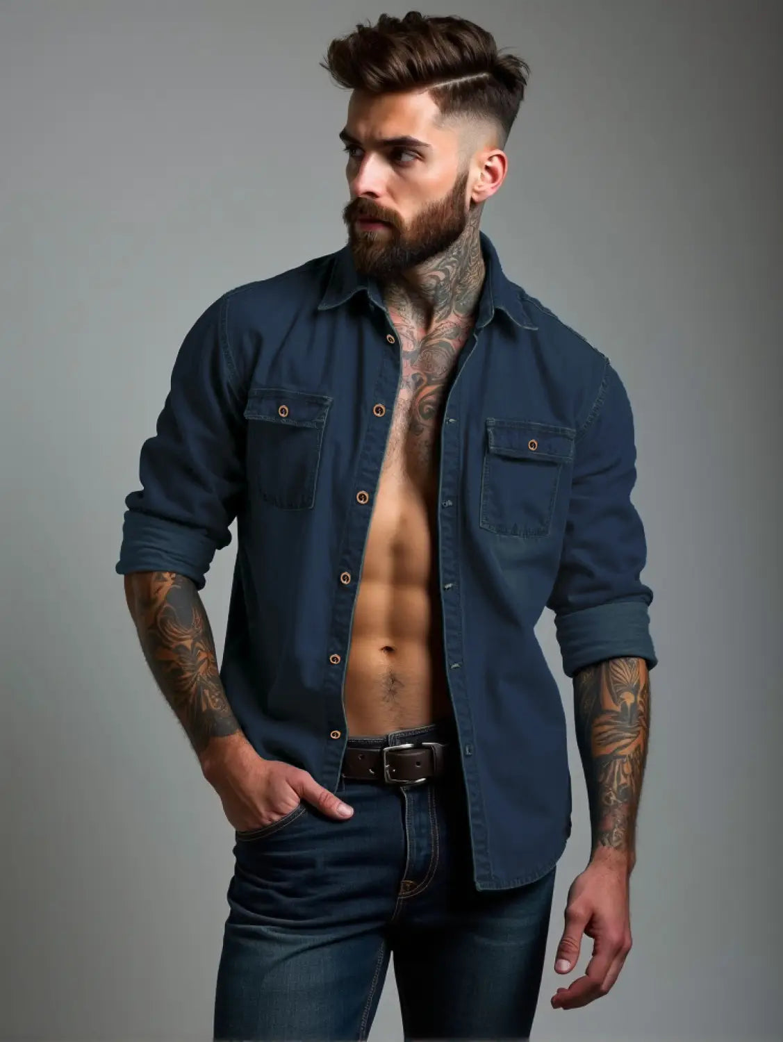 Herrenhemd aus dunklem blauem Denim mit Knöpfen in Übergröße, mit Knopfverschluss vorne und zwei Brusttaschen.