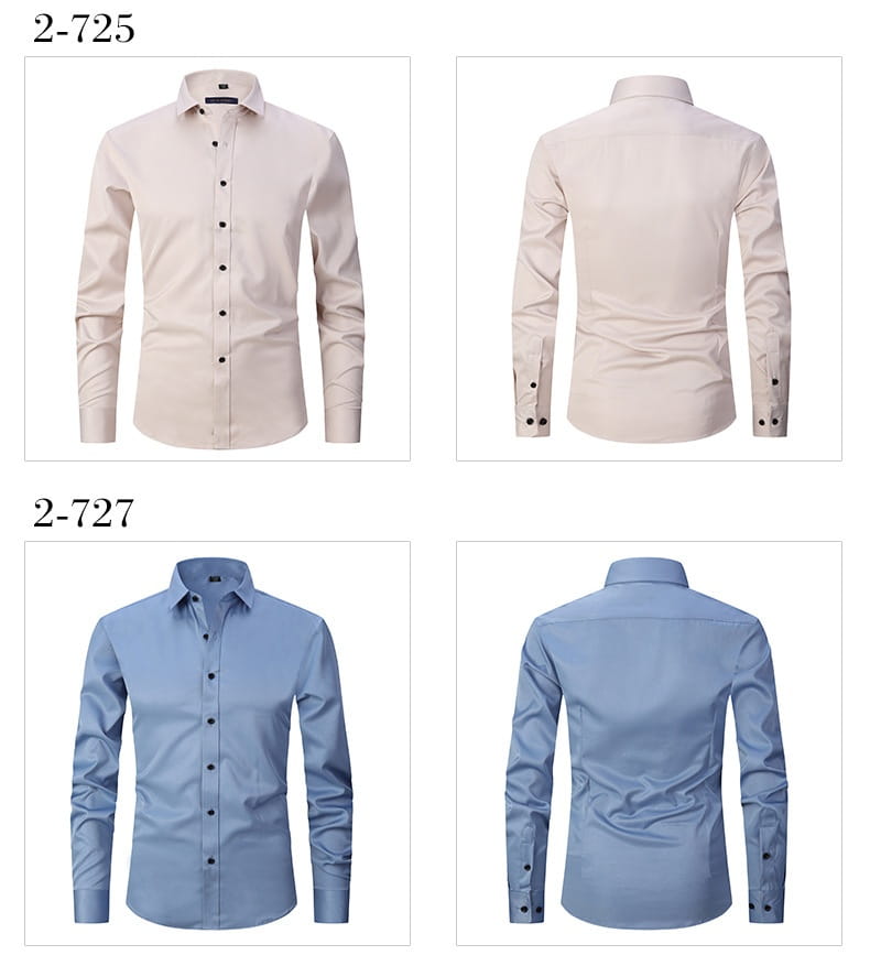 Herrenhemden mit langem Ärmel, Slim Fit, in Beige und Hellblau mit klassischen Kragen und Knopfverschlussfronten, geeignet für formelle Anlässe.