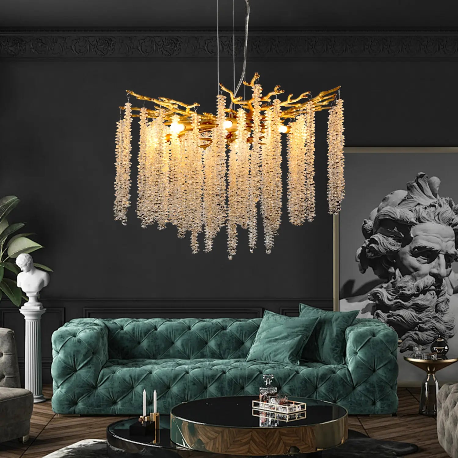 24 inch gold crystal waterfall pendant light featuring a golden branch-style chandelier adorned with cascading crystal strands.