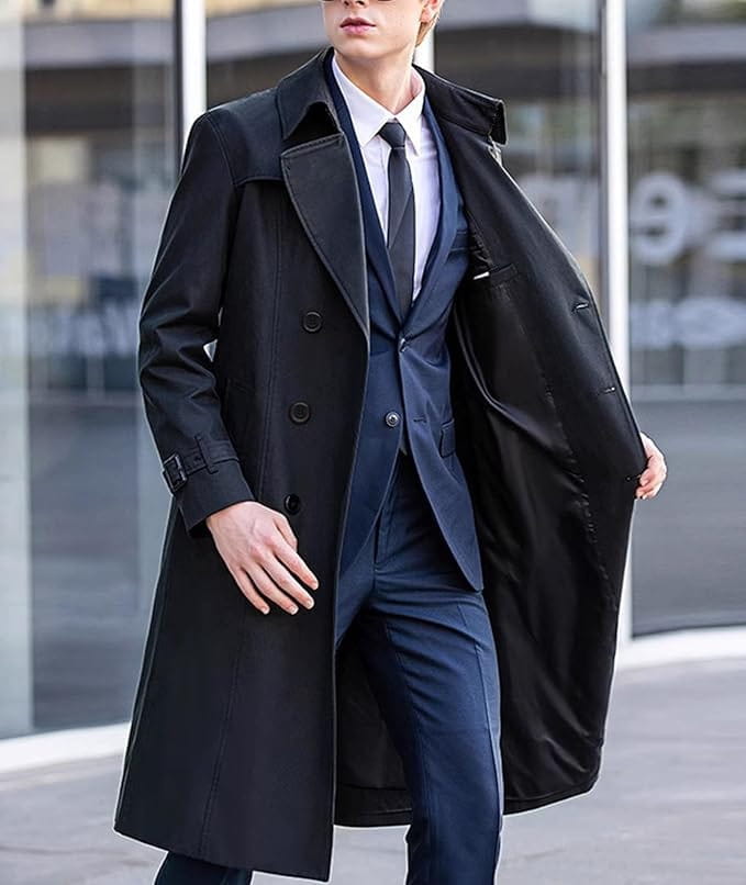 Men solid color long trench coat in black featuring a classic double-breasted design and belted waist.