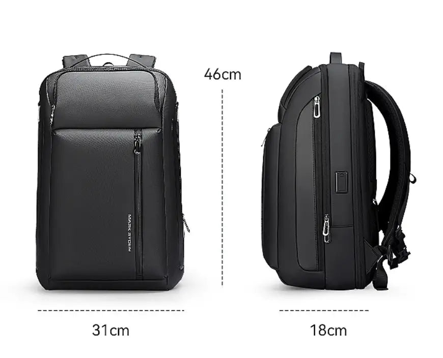 schwarzer, strukturierter Nylongepäck-/Business-Reiserucksack mit mehreren Reißverschlussfächern und verstellbaren Schulterriemen, entworfen als eleganter Oxford-Laptop-Rucksack