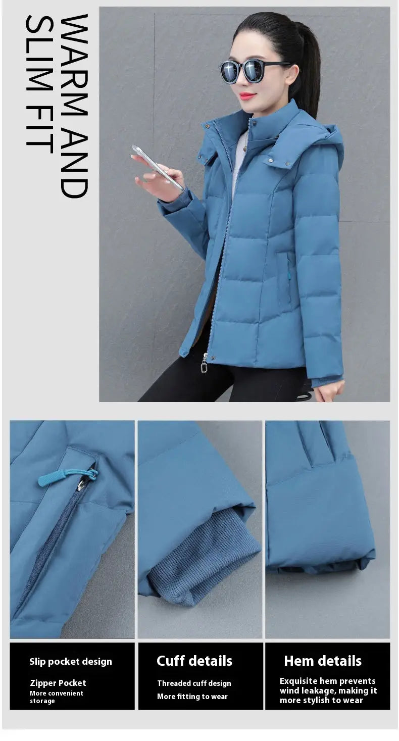 Chaqueta corta acolchada de plumón azul para mujer, abrigo acolchado corto, grueso y abrigador para el invierno, con capucha y bolsillo con cremallera, diseñada para proteger del frío.