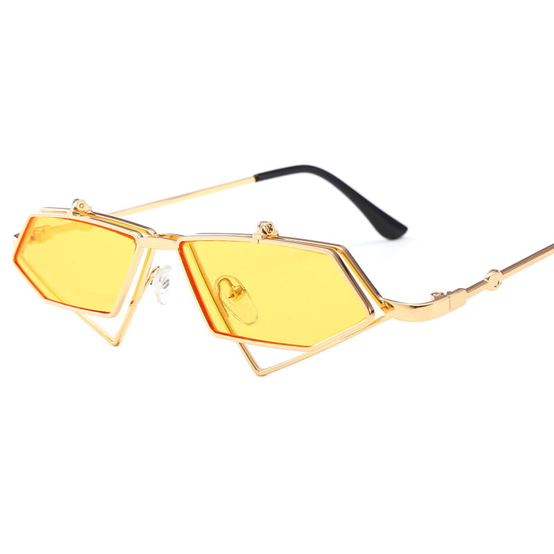 Vintage geometric gold metal frame sunglasses with gold-framed vibrant yellow lenses and black temple tips.