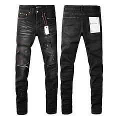 Men’s black distressed slim fit patchwork denim jeans featuring ripped knees and made from high-quality denim material.