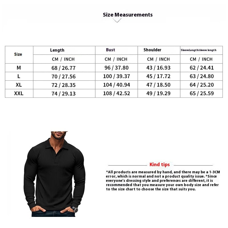 Schwarzes geripptes Langarm-Poloshirt für Herren aus weichem Material mit bequemer Passform.
