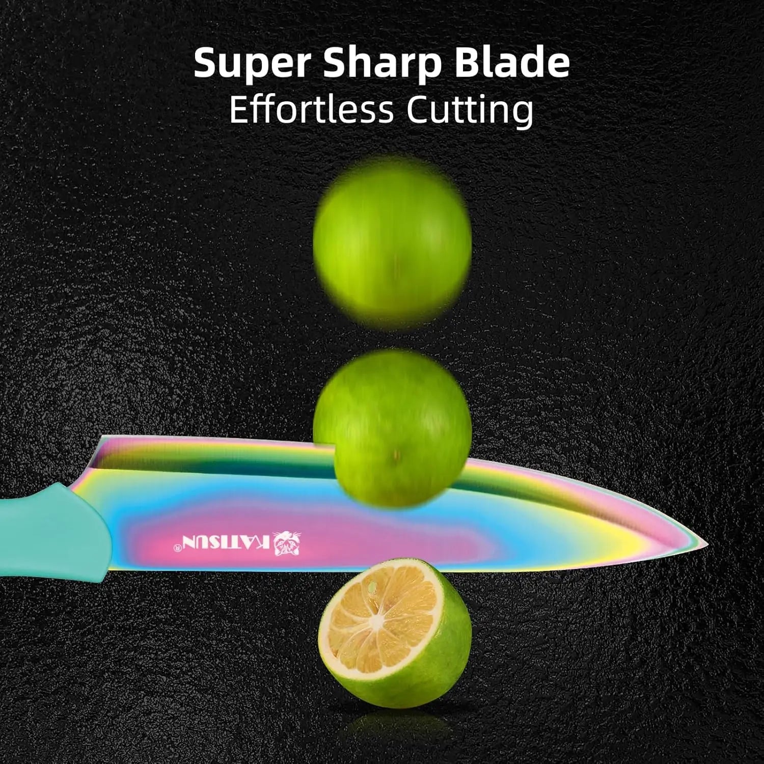 Cuchillo cerámico de color arcoíris con mango turquesa y marca Katsun, del set de cuchillos arcoíris de acero inoxidable azul de 13 piezas.