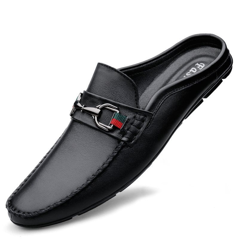 Men’s black leather slip-on moccasin shoe with silver horsebit buckle and green-red striped woven buckle accent.