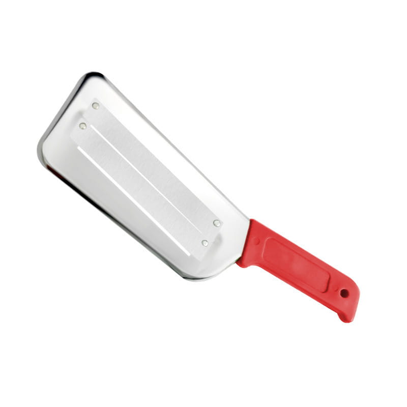 Vegetable shredder stainless steel slicer tool with red handles and a rectangular flat blade featuring two parallel grooves.