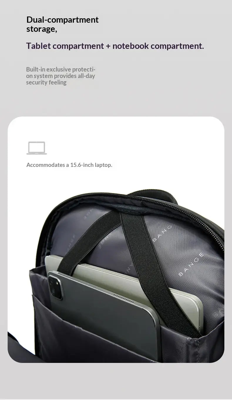 Black bange business commuter backpack with dual compartments for a 15.6-inch laptop and tablet, featuring reinforced straps and secure zippers for protection.