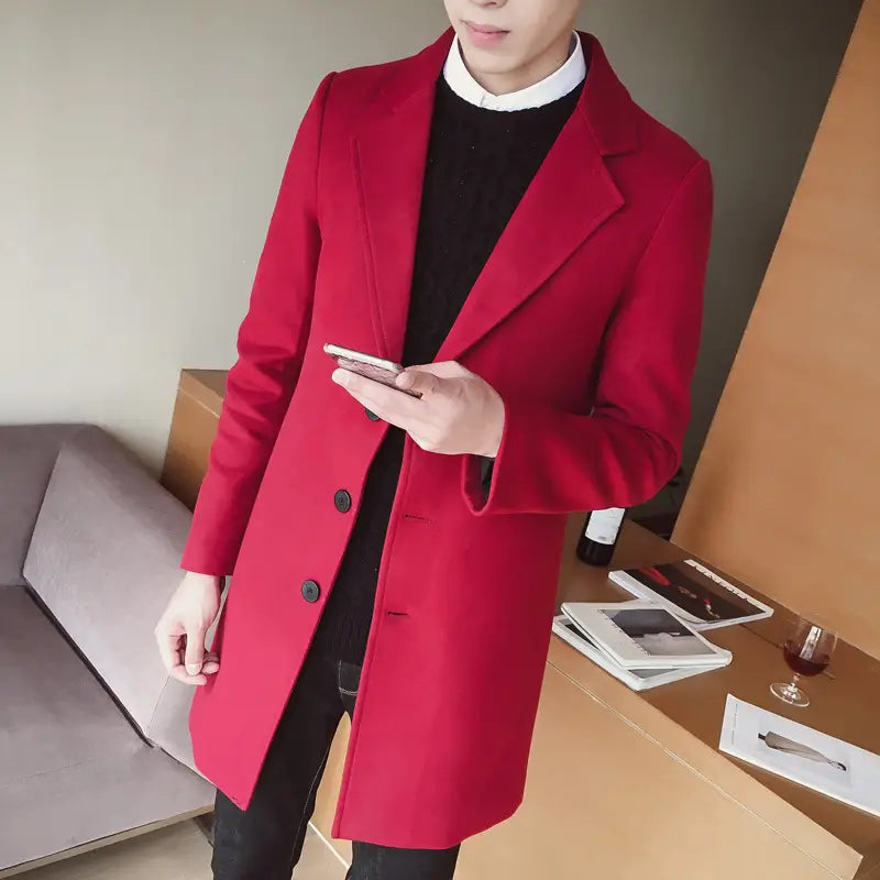 Mens slim wool trench coat korean style featuring a vibrant red wool overcoat with notched lapels and black buttons.