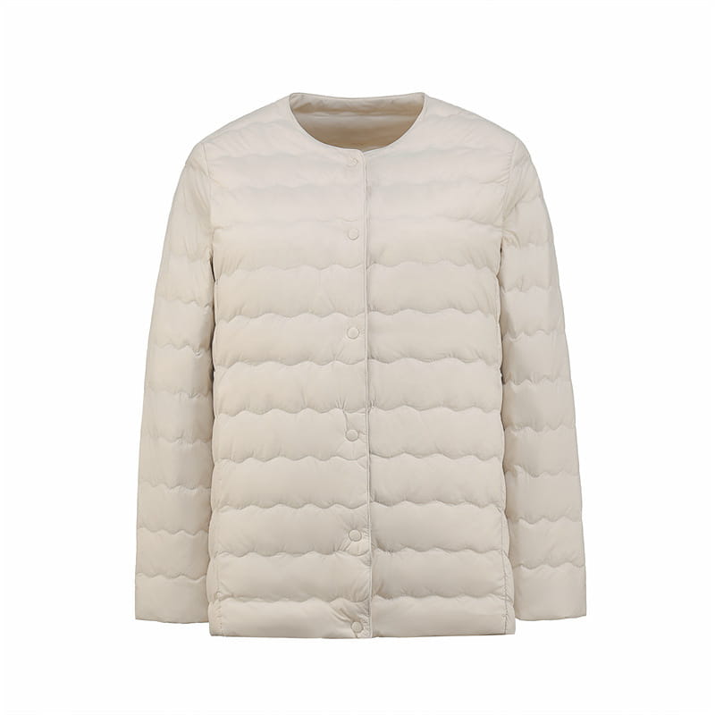 Cream-colored quilted down puff jacket ruffled crew neck with a rounded neckline and front button closure.