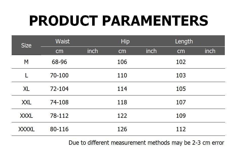 Size chart for men cotton cargo joggers casual pants showing measurements in centimeters and inches across sizes from M to XXXXL.