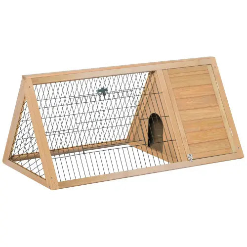 Light brown wooden a-frame rabbit hutch with wire mesh sides and a slanted roof designed as an outdoor small animal cage.