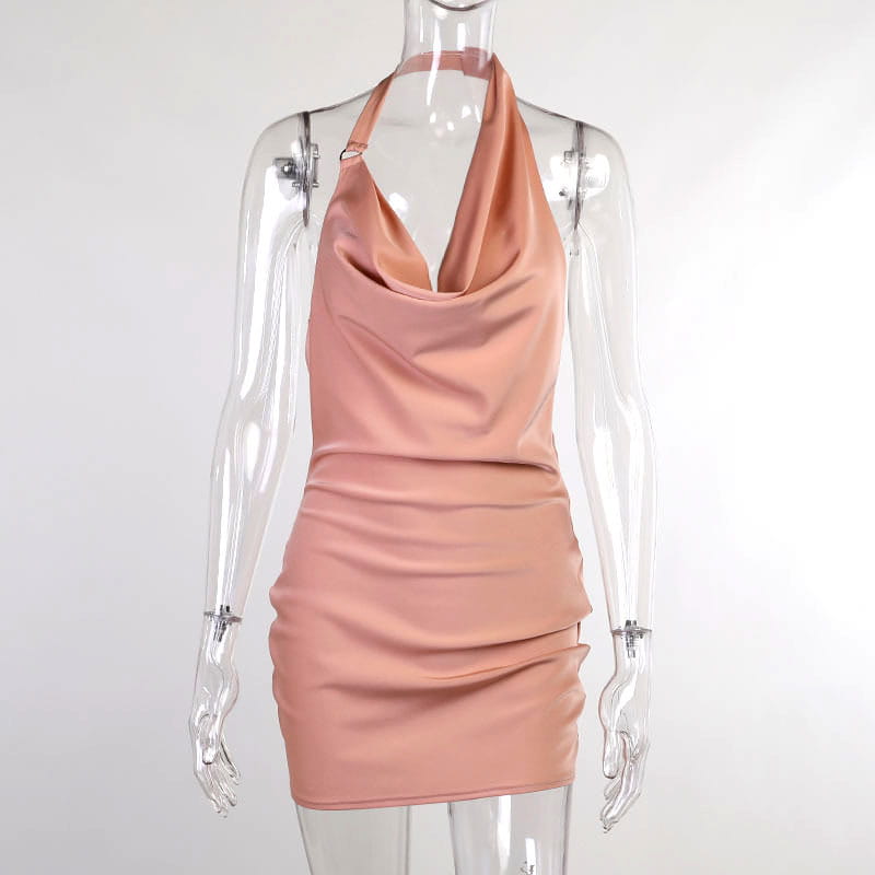 A sleek blush-pink satin halter mini party dress with a draped neckline and ruched bodice.