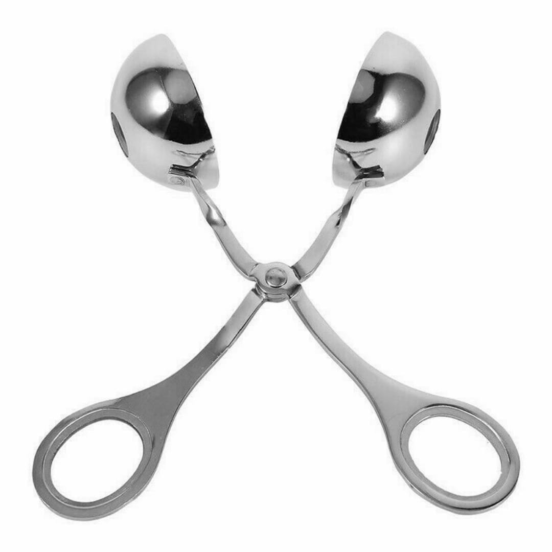 Stainless steel meatball maker tongs kitchen baller scoop with shiny ball scoop featuring two curved rounded ends and circular handles.