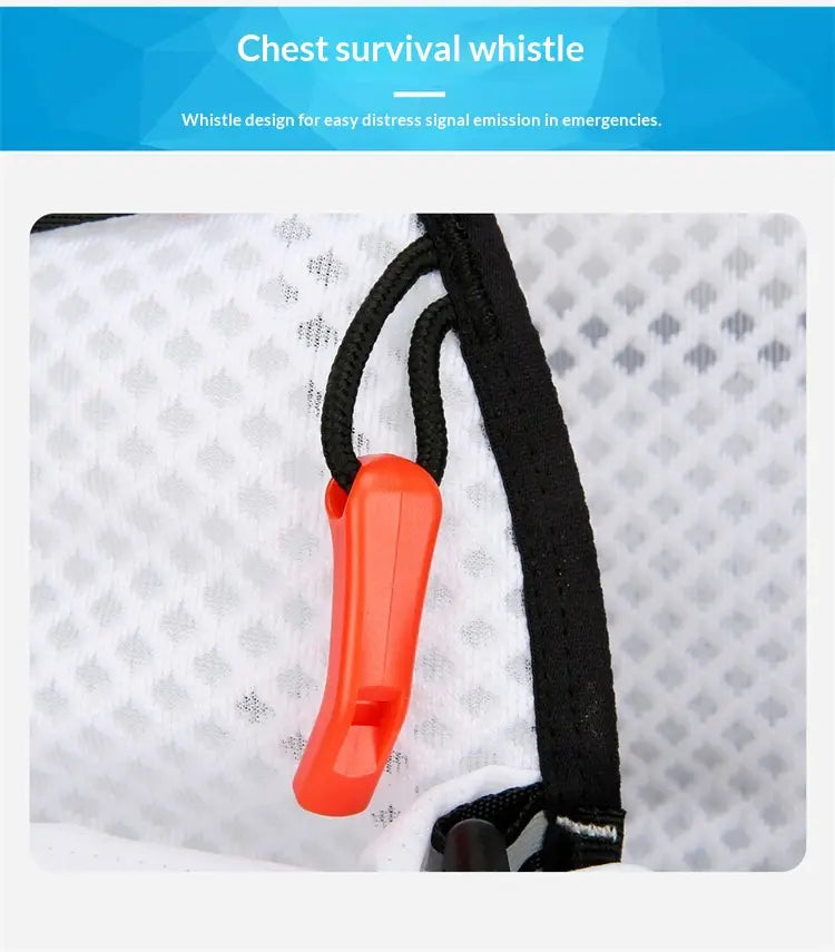 Bright orange plastic chest survival whistle with black cord attached to a hydration backpack lightweight running vest 20l.