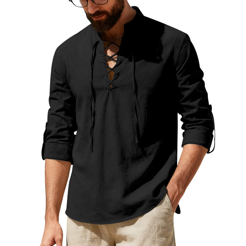 Camisa tipo henley de lino negra para hombre, de manga larga y con cordones, con puños arremangados y tejido de lino.