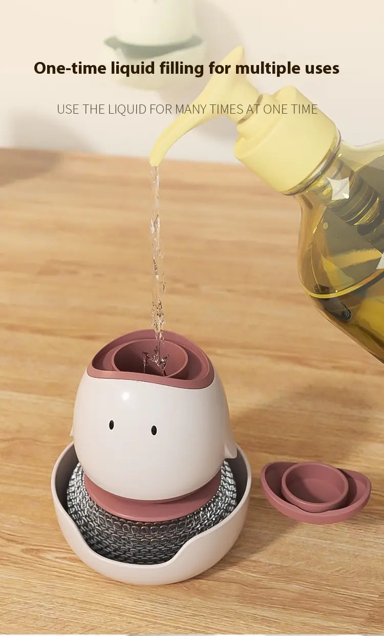 brosse automatique pour plat à œuf en céramique blanche et rose avec distributeur automatique de savon liquide, motif de visage mignon et tête de pompe jaune