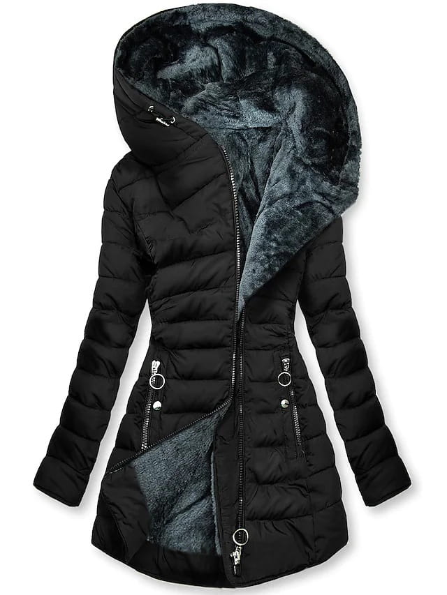 Black quilted cotton winter coat with a plush dark gray faux fur-lined hood and matching interior lining.