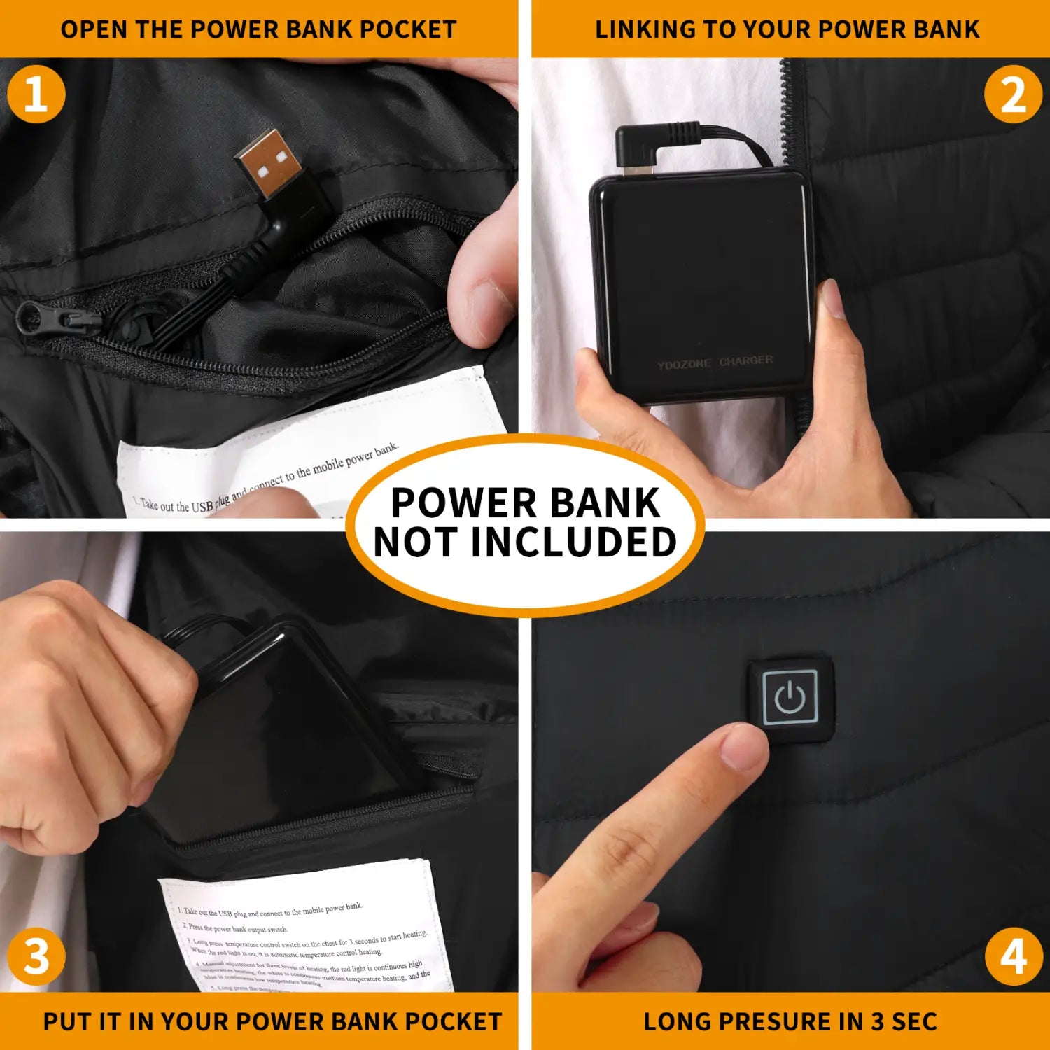 black quilted power bank pocket with usb port and button for charging in a unisex 9 zone electric heated hooded puffer jacket