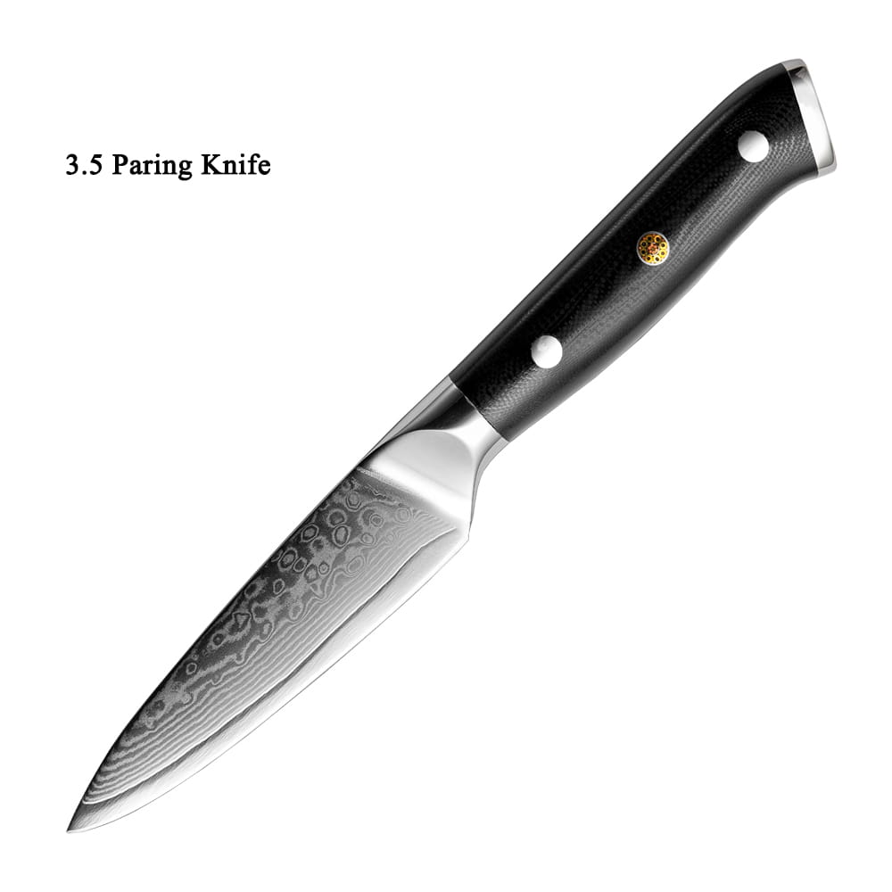 Ein schwarzgriffiges 8,9-cm-Schälmesser (3,5 Zoll) mit einer eleganten Klinge aus Damaststahl mit aufwendigen wellenförmigen Mustern und einer polierten silbernen Oberfläche, Teil des Damaststahl-Küchenmesserset 4-teilig mit G10-Griff.
