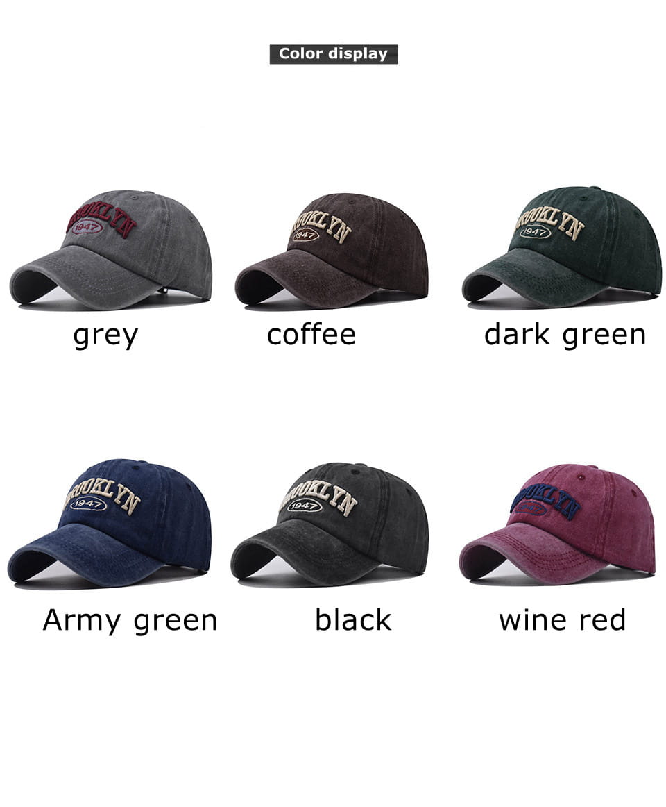Brooklyn embroidered cotton baseball hat in 1947 vintage style available in six distinct colors including grey, coffee, dark green, army green, black, and wine red.