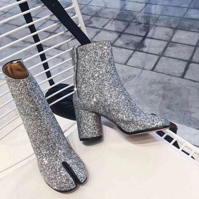 Silver glitter split toe tabi high heel leather ankle boots with a chunky heel and toe segmented design