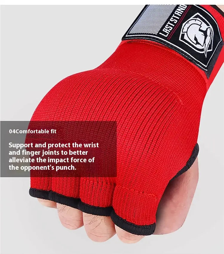 Red knitted fingerless gel boxing hand wrap gloves with black trim and Last Stand logo patch designed for fitness and training.