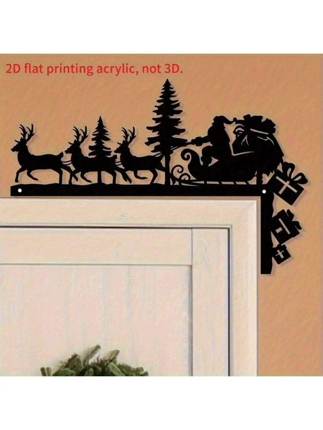 Décoration murale en acrylique noir du traîneau du Père Noël avec décoration de Noël, présentant le Père Noël dans un traîneau tiré par des rennes, avec des arbres et des cadeaux, pour une décoration murale festive.