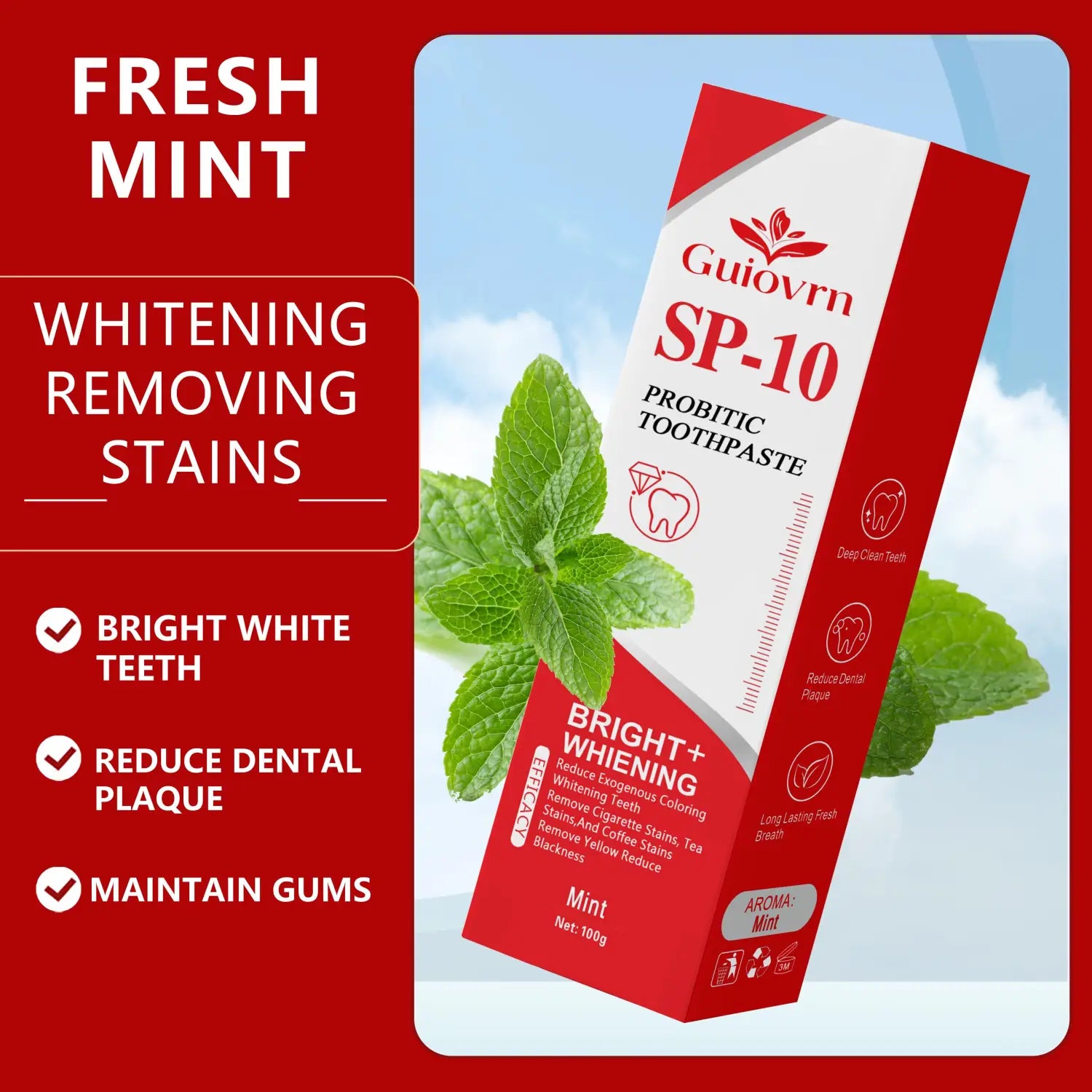 Red and white tube of Guiovrn SP-10 probiotic whitening toothpaste with fresh mint flavor in a 100g 2 pack.