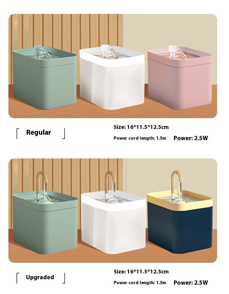 Modern electric automatic cat water fountain in matte pastel green with a sleek rectangular design and curved metallic spout featuring 1500ml circulation capacity.