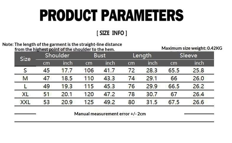 Tabla de parámetros del producto de la camisa de manga larga colorblock de satén en tonos crema, que muestra mediciones específicas por talla en centímetros y pulgadas para hombro, contorno de busto, longitud y dimensiones de las mangas.
