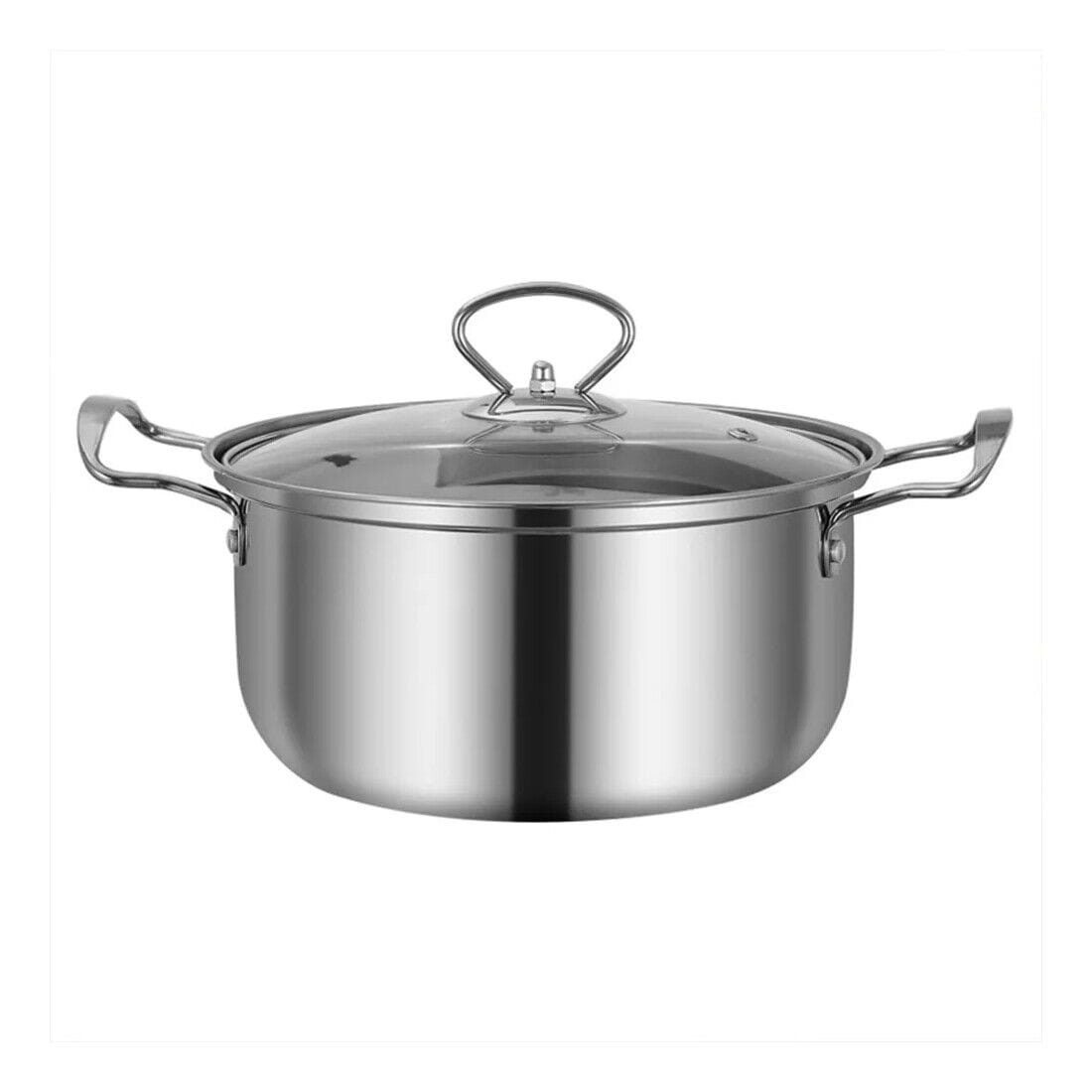 Shiny stainless steel stockpot with clear glass lid and two side handles from the stainless steel induction cookware set 11 pieces.