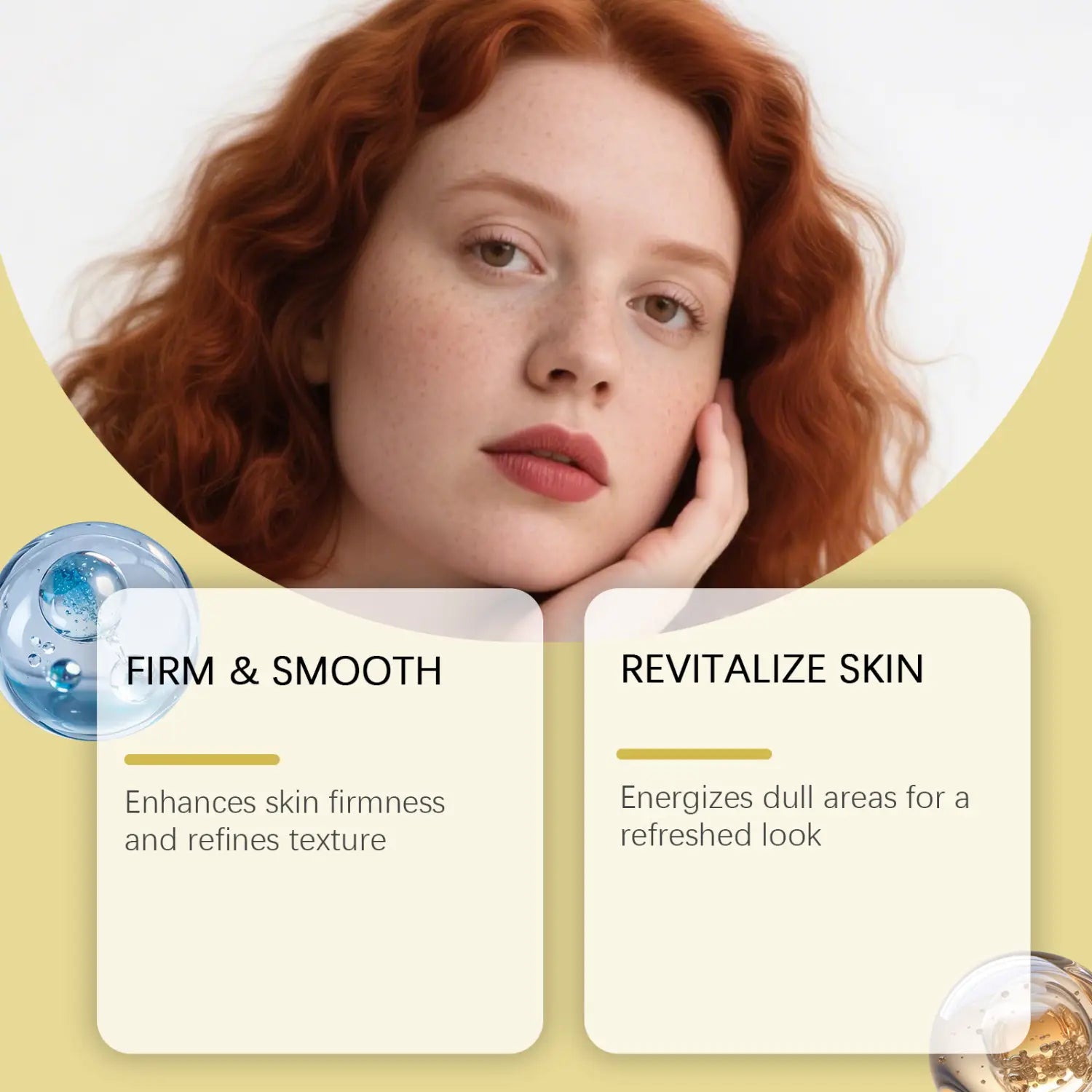 Une femme aux cheveux bouclés rouges éclatants et au maquillage délicat est représentée dans un cadre circulaire sur un fond jaune pâle, aux côtés de deux encadrés présentant les avantages du produit pour la crème raffermissante à la rétinol, booster doré, pour le visage et les yeux.