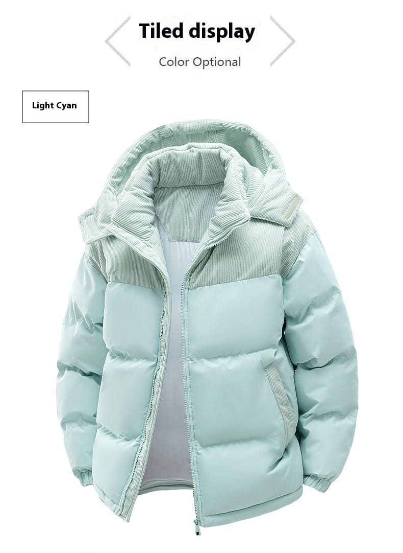 light cyan unisex puffer jacket with a corduroy-lined detachable hood and quilted body featuring corduroy patchwork.