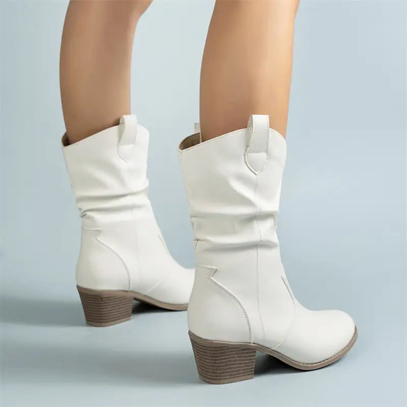 Botas de vaquero blancas de cuero para mujer con tacón cuadrado apilado y costura decorativa, en cuero sintético (PU) a longitud media de la pantorrilla.