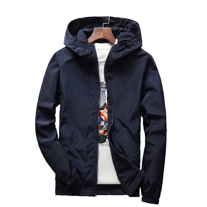 Dark navy casual hooded zipper jacket for men and women made of smooth water-resistant fabric with subtle reflective stitching along the zipper.