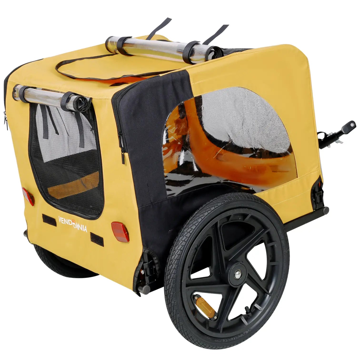 Yellow heavy duty foldable dog bicycle trailer shown from the back with yellow and black pet stroller featuring mesh windows, silver handlebar, and black wheels.